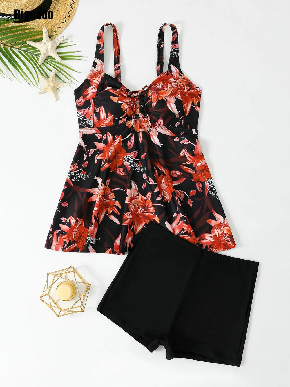 Summer Tankini Swimsuits for Women Tummy Control Two Piece Bathing Suits with Sporty Swim Shorts
