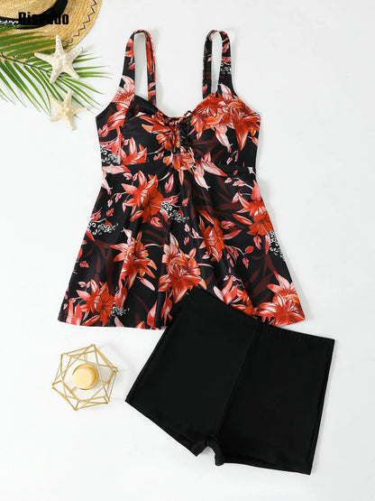 Summer Tankini Swimsuits for Women Tummy Control Two Piece Bathing Suits with Sporty Swim Shorts