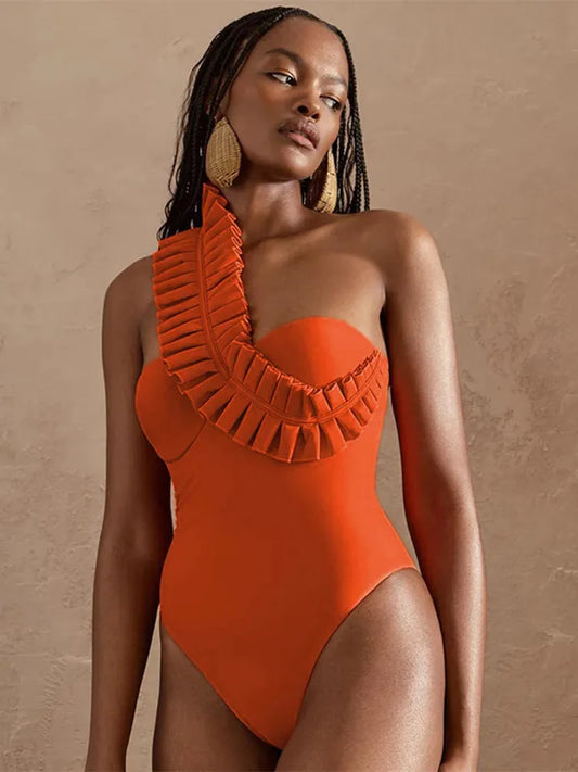 Women Monokini One-Piece Swimsuit Female Solid Bathing Suit Vacation Beachwear Ruffle Swimming Suit