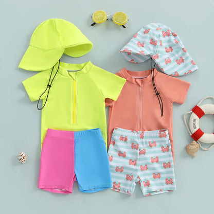 Infant Baby Boys 3 Piece Swimsuit Suit Summer Toddler Rash Guard Short Sleeve Tops Turtle Print Swim Trunks Cap Kid Bathing Suit