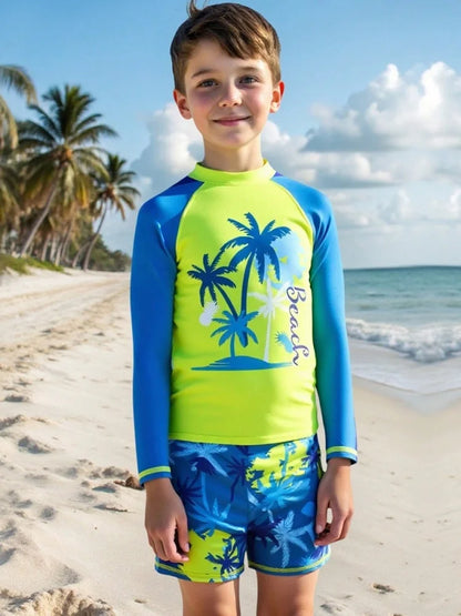 Boy Kids Swimsuit Solid Coconut Tree Long Sleeve Children Swimwear Summer Split 2 Piece Beachwear Bathing Suit Swimming