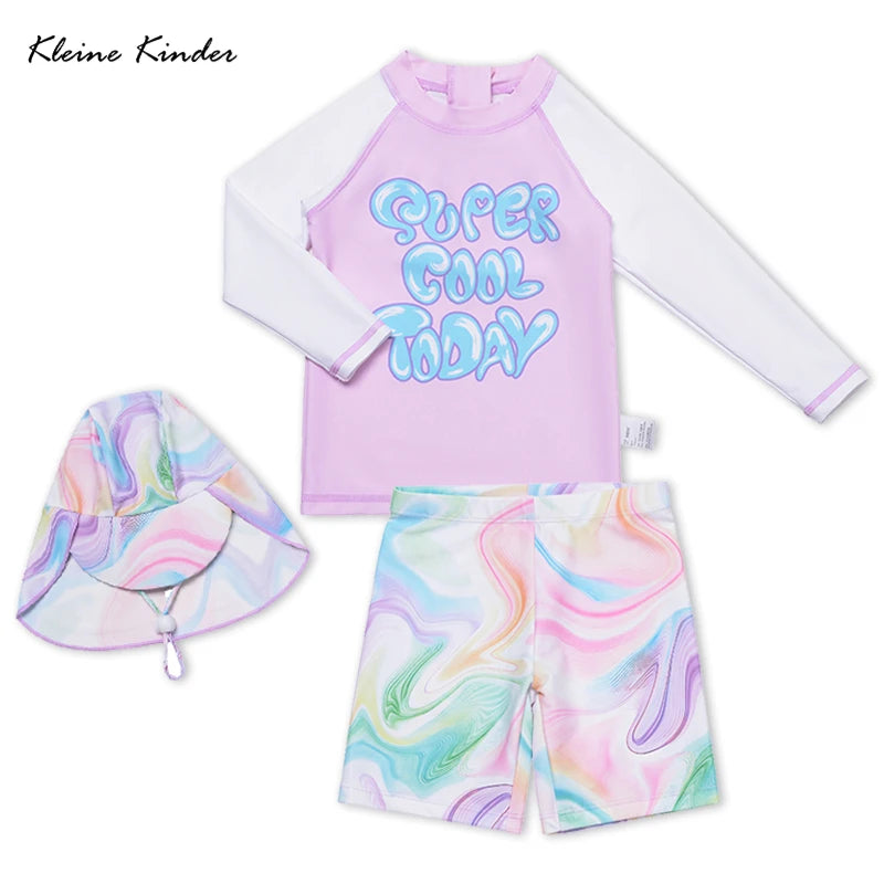 Girls' Long-Sleeve Rash Guard Set with Shorts & Cap