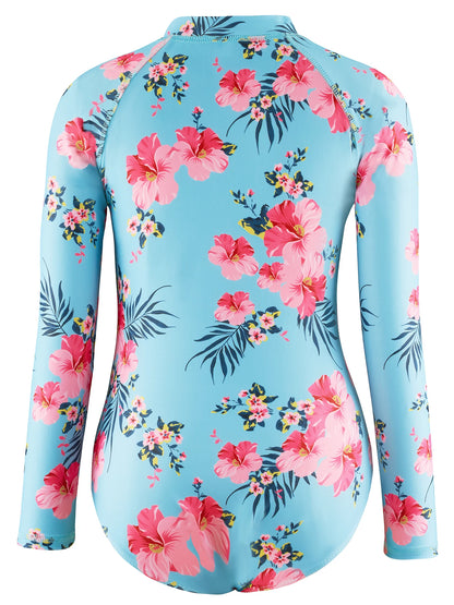 Girls Swimsuit One-Piece Long Sleeve Pink Floral Print Swimwear Beach Style Kids Tween Swim Rash Guard Summer