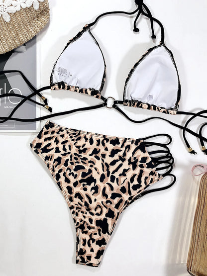 V Neck Print Hollow Bikini Set High Cut Halter Swimsuit For Women Backless Tied 2 Piece Swimwear Bathing Suit