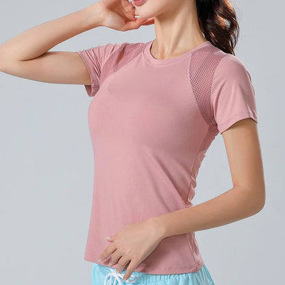 PofyBofy Mesh Stitching Reflective Strip Back Quick Dry Elastic Breathable Basic Short Sleeve Yoga T-shirt Women Gym Fitness Top