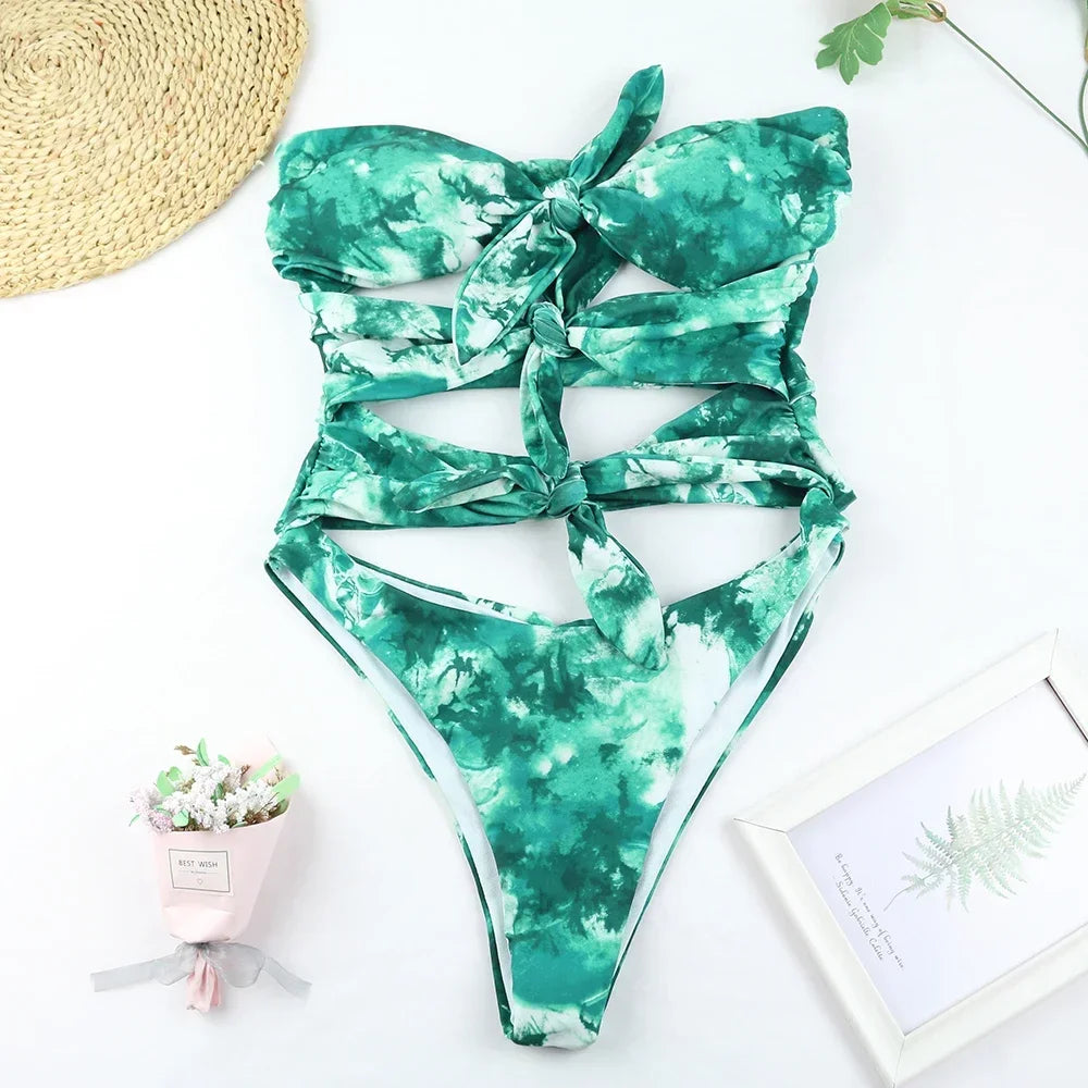 One Piece Swimsuit Swimwear Women Double Sided Green Print Hollow Knotted Bathing Suit Beachwear