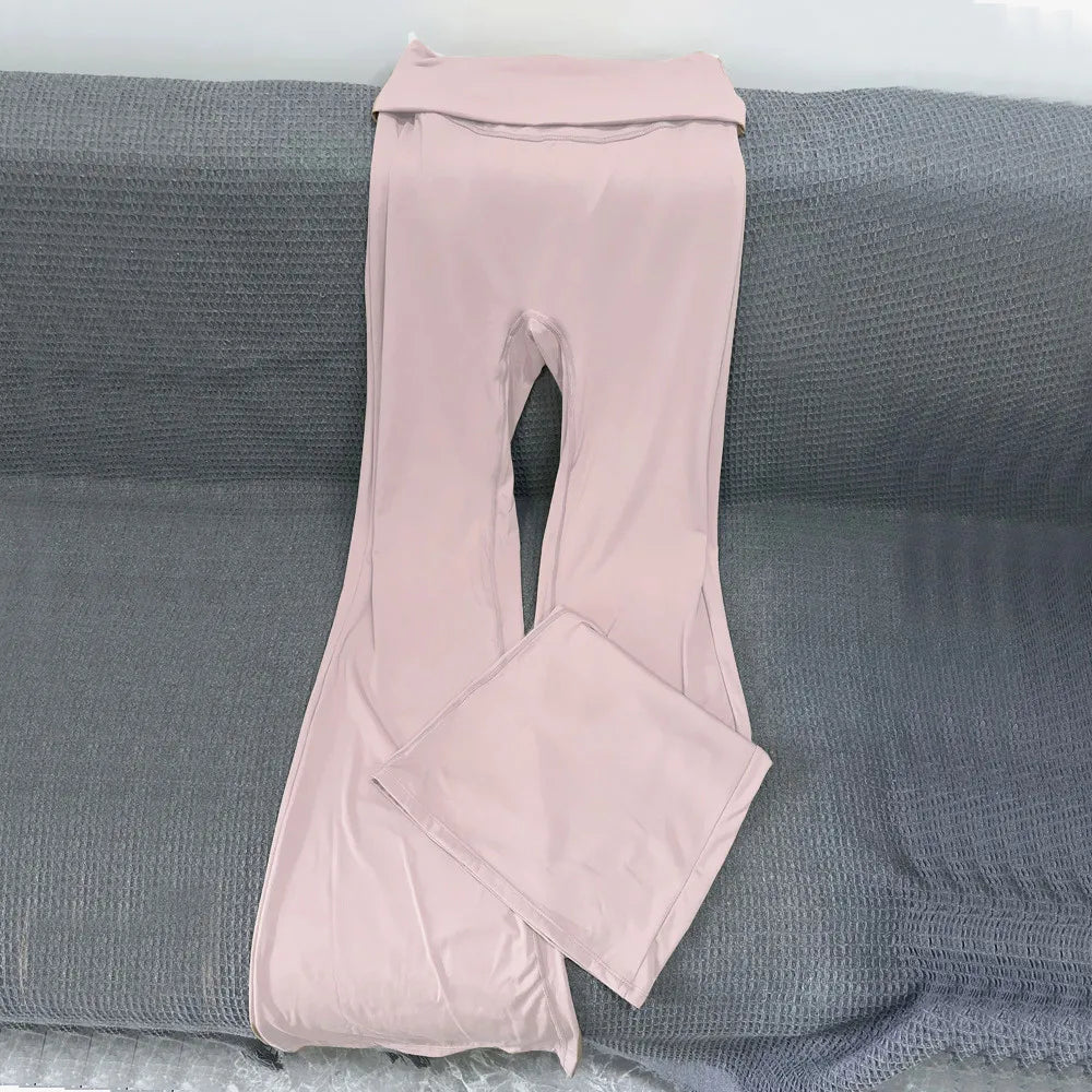 Women Folden Waist Yoga Pant Bell-bottoms Tights Gym Leggings Sport Wide Leg Fitness Leggings Workout Running Active Wear