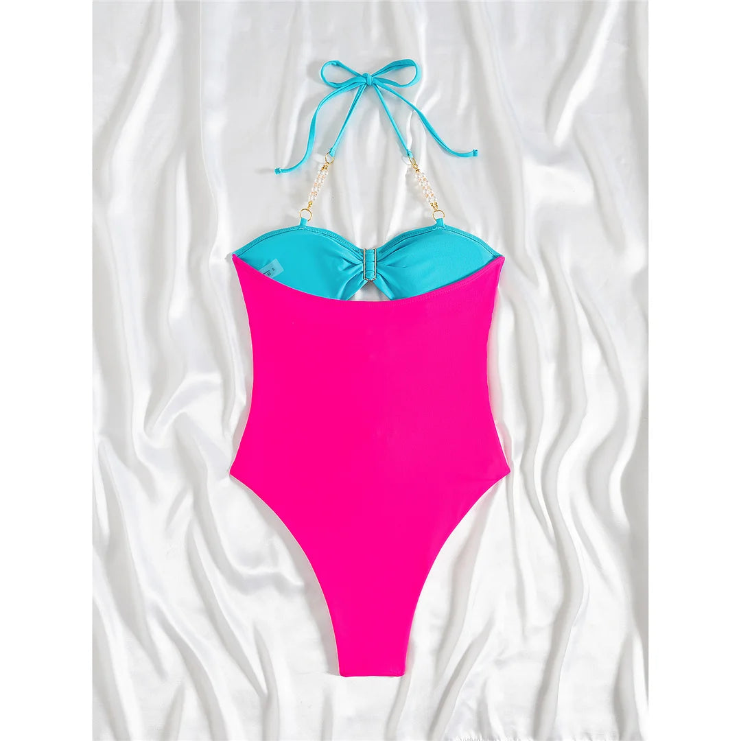 Splicing Halter Cut Out Metal Rings Women Swimwear One Piece Swimsuit Female High Leg Cut Padded Bather Bathing Suit Swim