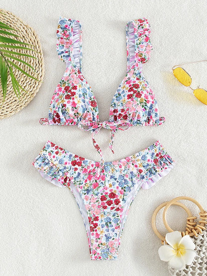 Floral Print Verge Strapped Bikini Set Tied Push UP Swimsuit High Waist Swimwear Women Backless Beach Bathing Suit