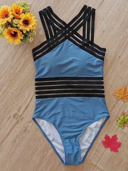 Mesh Tape Swimsuit One Piece Leopard Swimwear Women Cross High Neck Bathing Suit Female Swimming Summer Beachwear