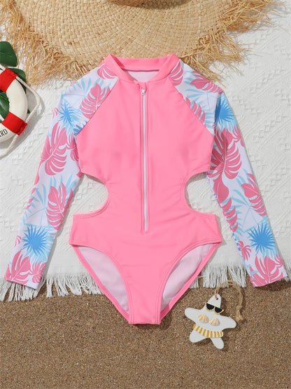 One Piece Girls Swimsuit Pink Print Long Sleeve Children Swimwear Summer Hollow Out Kids Beach Swimming Bathing Suit