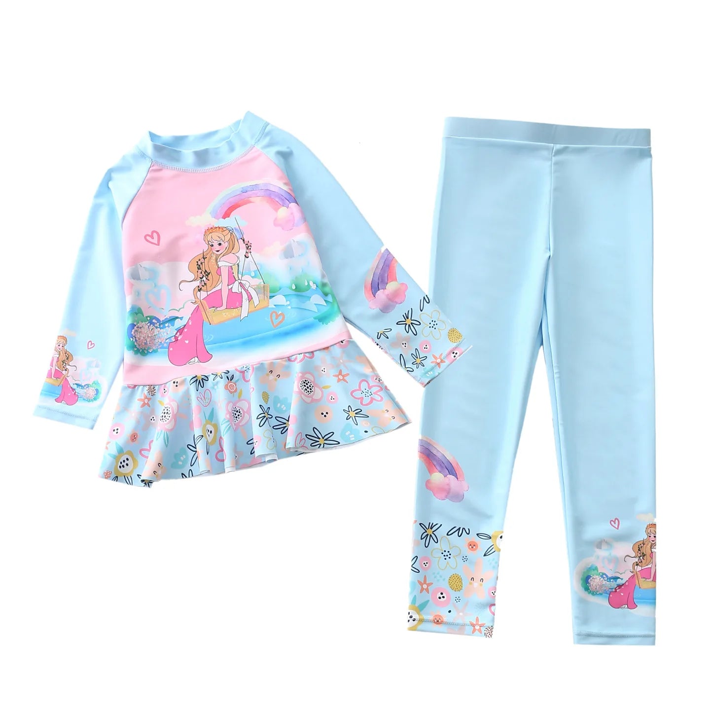 Swimsuit for Girls Long Sleeve Ruffles Girls Swimwear Cartoon Print Separate Bathing Suit Kids 2 Pcs Beach Surfing Swimming Wear