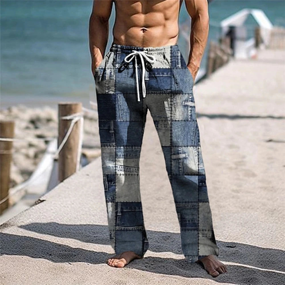 Plaid Color Block Men's Resort 3D Printed Casual Pants Trousers Elastic Waist Fit Straight-Leg Pant Summer Beach Pants 5XL