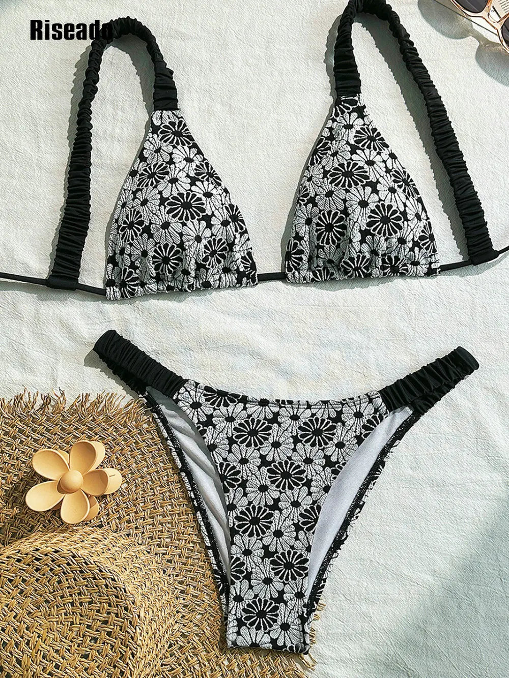 Riseado Thong Bikini Sets for Woman Micro Two Piece Embroidery High Cut Bathing Suits Tie Back Beach Fashion
