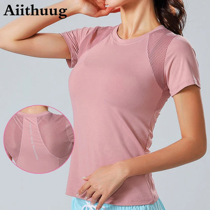 Reflective Printed Yoga Tops Women's Mesh Splicing Crew Neck High Elasticity Breathable Fitness Pilates Exercise Shirts