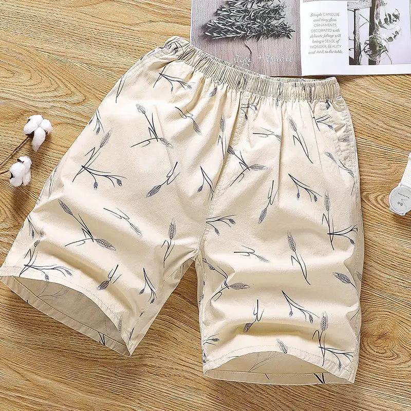 Cotton Shorts Men Breathable Thin Feather Print Pocket Elastic Waist Korean Loose Casual Sports Beach Short Pants 5XL