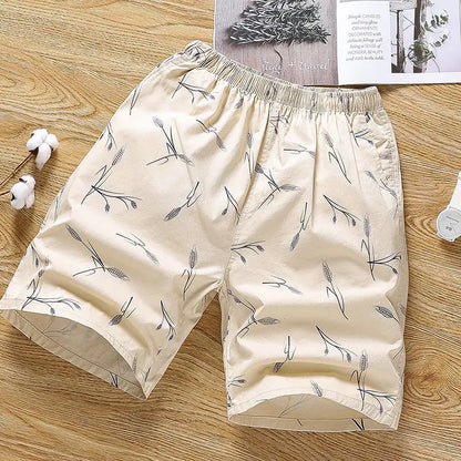 Cotton Shorts Men Breathable Thin Feather Print Pocket Elastic Waist Korean Loose Casual Sports Beach Short Pants 5XL