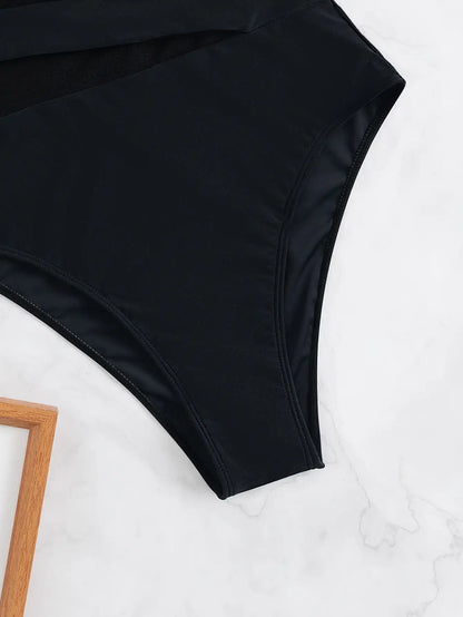 Ruffle Contrast Mesh Swimsuit Women One Piece Swimwear Bodysuit Bathers Bathing Swimming Swim Suit Sports Beachwear