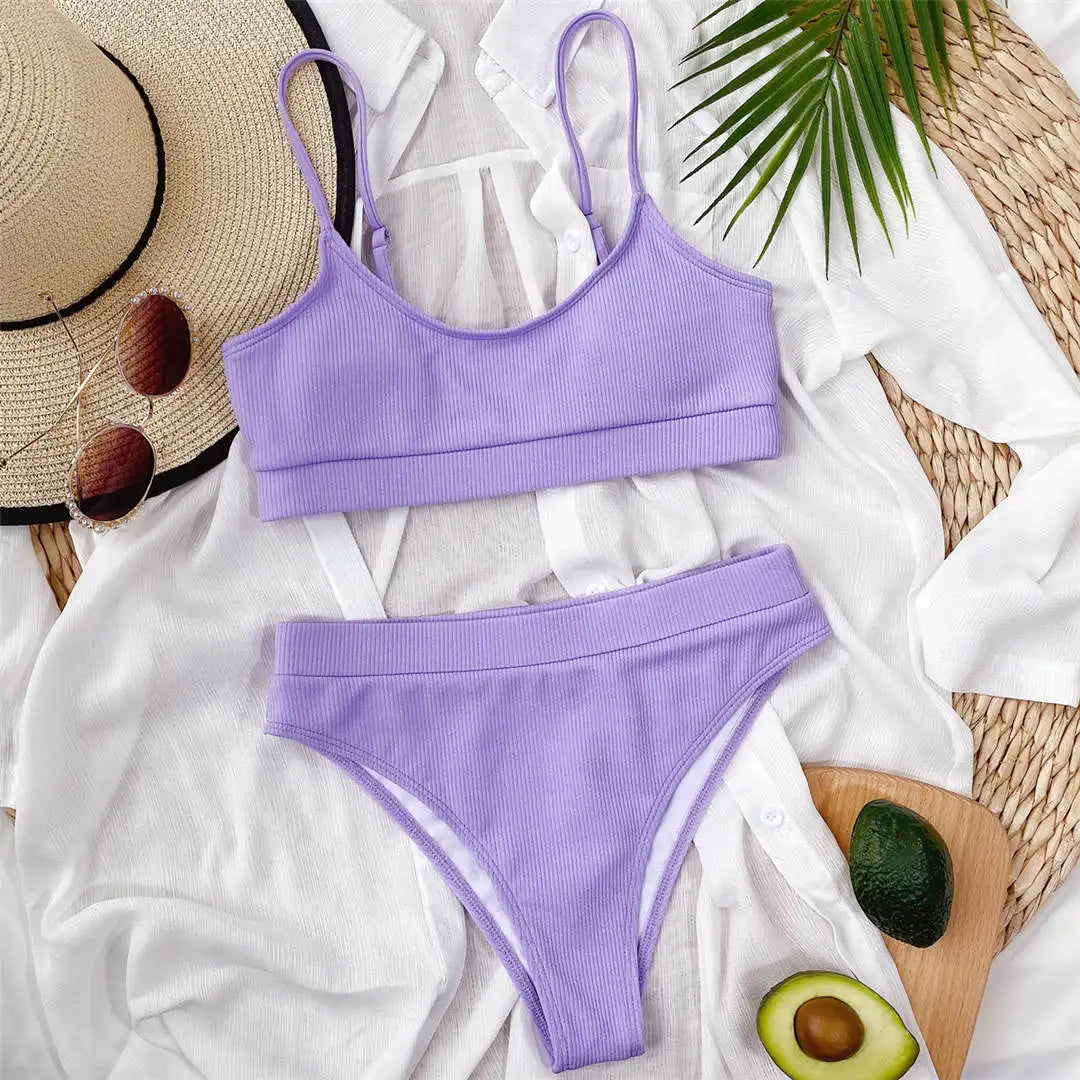 Colourful Ribbed Female Swimsuit High Waist Bikini Women Swimwear Two-piece Bikini set Bather Bathing Suit Swim Lady