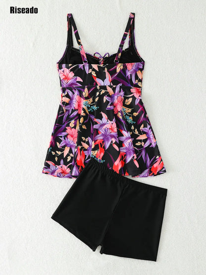 Women's Swimsuit Tankini Set Tummy Control Two Piece Bathing Suits with Sporty Swim Shorts Large Size