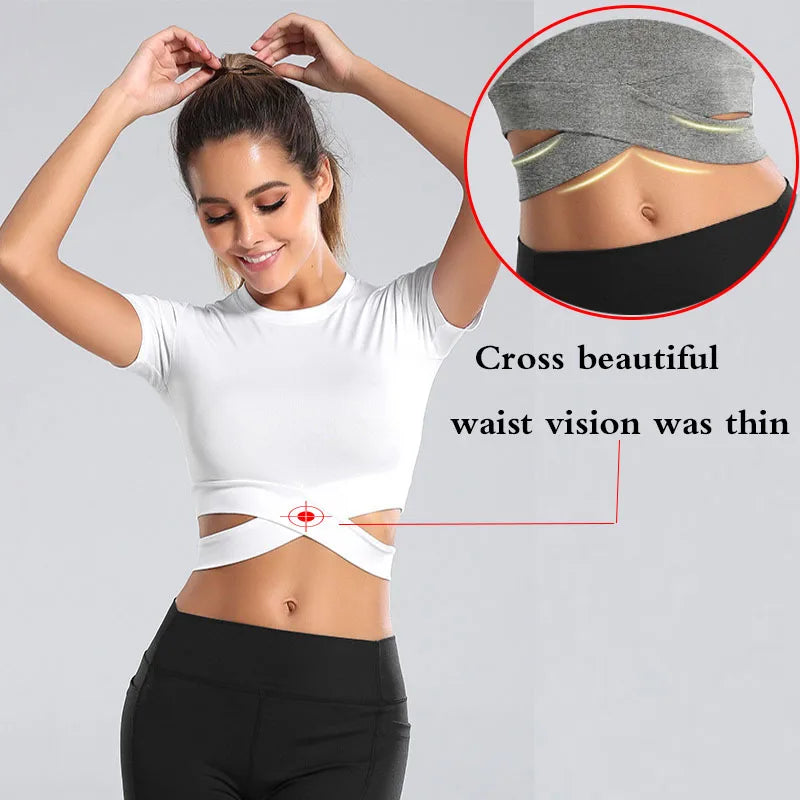 Aiithuug Waist Yoga Short Sleeve Crisscross Waist Breathable Gym Shirts Sports Tops Workout Fitness Crop Top Yoga Top