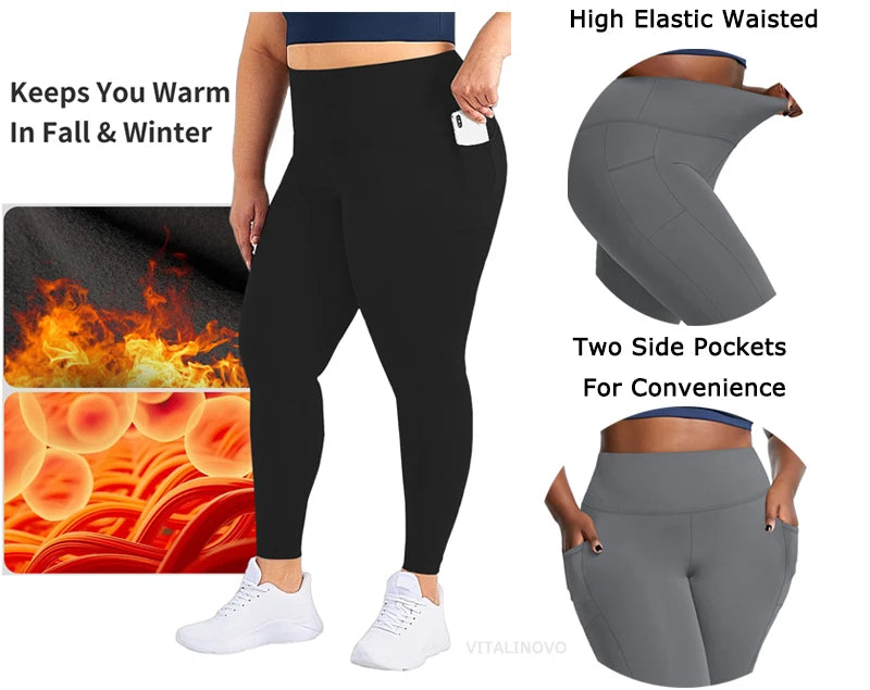 Plus Size Fleece Lined Leggings with Pockets for Women High Waist Winter Tummy Control Thermal Warm Yoga Pants