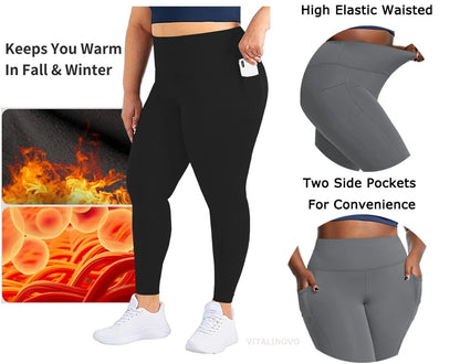 Plus Size Fleece Lined Leggings with Pockets for Women High Waist Winter Tummy Control Thermal Warm Yoga Pants