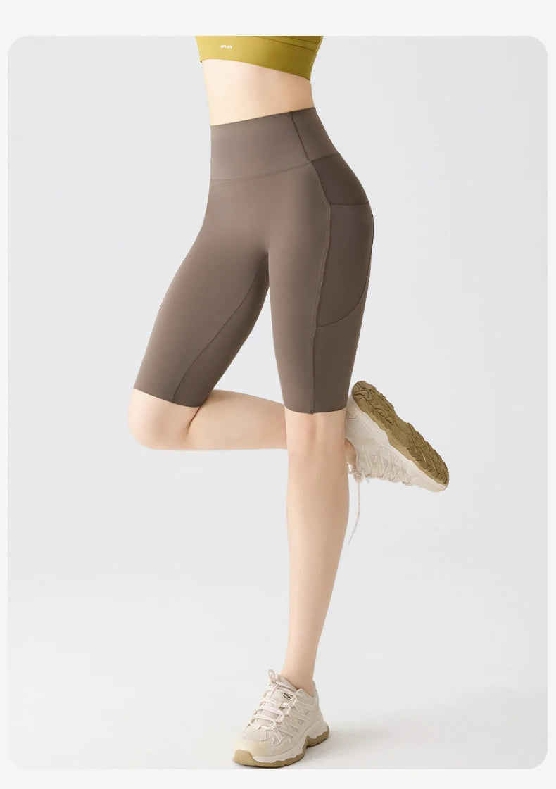 Pocket Yoga Sharkskin Bicycle Shorts Women Thin High Waist Push Up Light Feeling Sports  Fitness Cycling Shorts