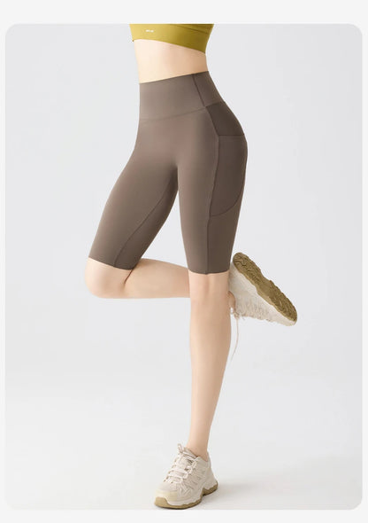Pocket Yoga Sharkskin Bicycle Shorts Women Thin High Waist Push Up Light Feeling Sports  Fitness Cycling Shorts