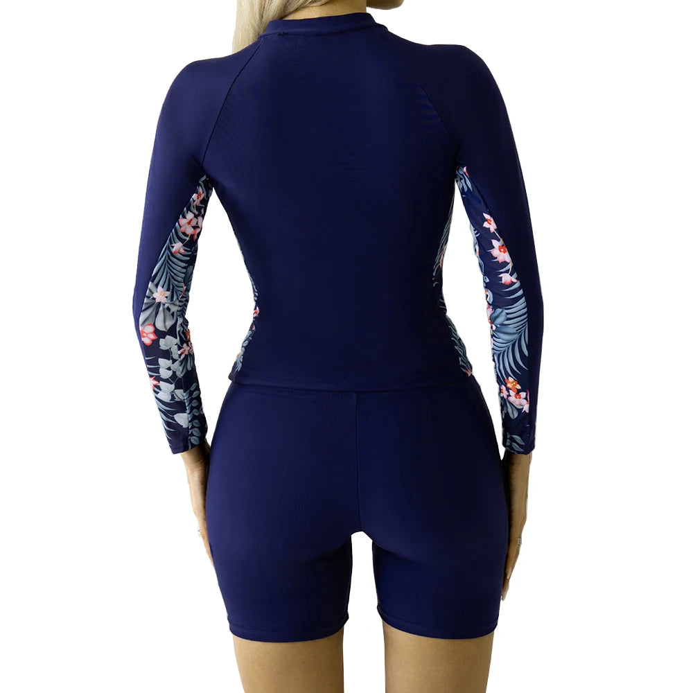 Two Pieces Long Sleeve Swimwear Floral Print Sports Rush Guard Swimsuits Patchwork Beachwear with Zipper Bikini Set Shorts