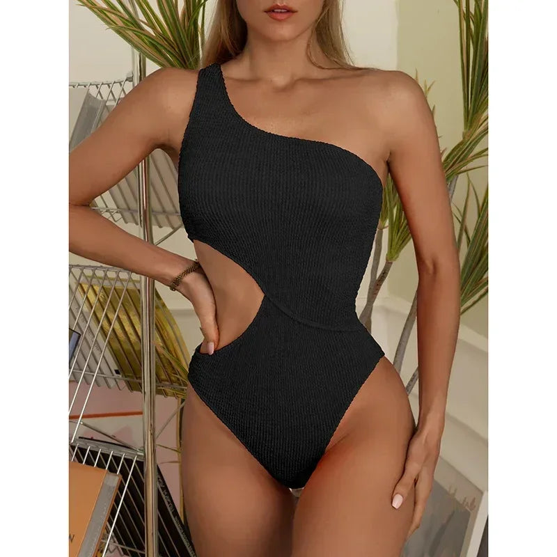 One Shoulder Women Swimsuit One Piece Swimwear Women Textured Monokini Swimming Bathing Suits