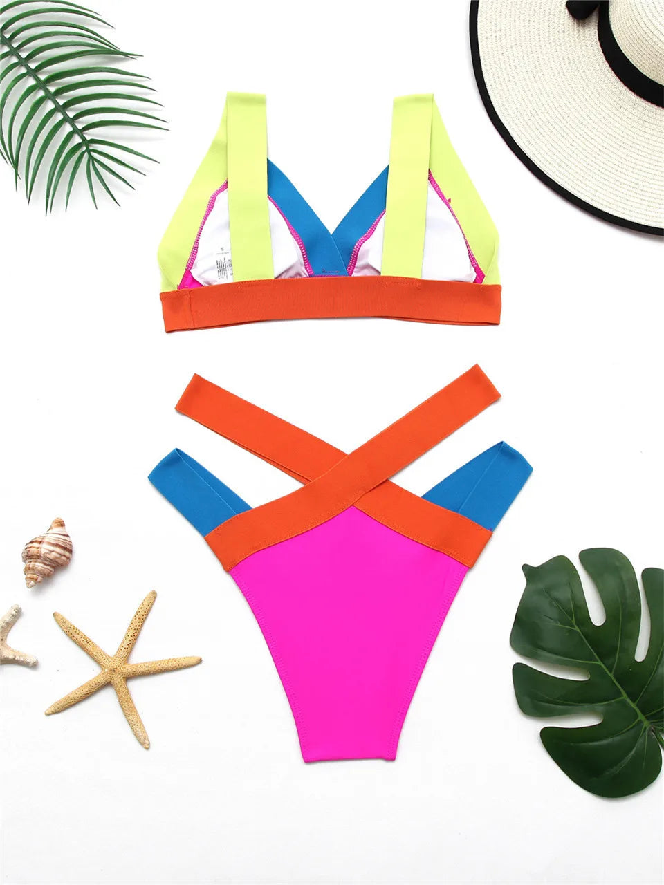 High Waist Bikini Strapped Swimsuit Block Color Women Solid Swimwear Female Bathers Bathing Swimming Suit Beachwear Summer