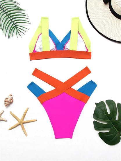 High Waist Bikini Strapped Swimsuit Block Color Women Solid Swimwear Female Bathers Bathing Swimming Suit Beachwear Summer