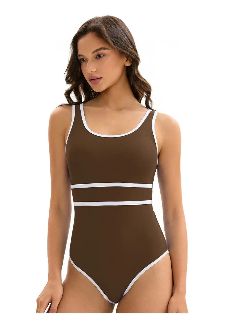 Color Block One Piece Swimsuit Women Sport Triangle Sleeveless Beach Swimwear Bathers