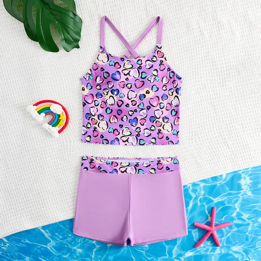 Girls High Waist Bikini Sets Heart Print Crop Tops Kids Swimsuit 8-14 Years Children's Swimwear Teenage Bathing Suit Purple
