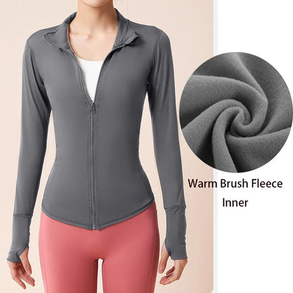 Winter Fitness Jacket Fleece Brushed Velvet Inner with Thumb Hole Gym Long Sleeve Shirt Elastic Stand Collar Jackets
