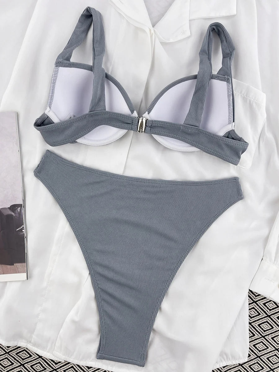 Ribbed Bra Cup High Waist Bikini Women Swimsuit Female Swimwear Two Pieces Bikini set Push Up Bather Bathing Suit Swim Lady