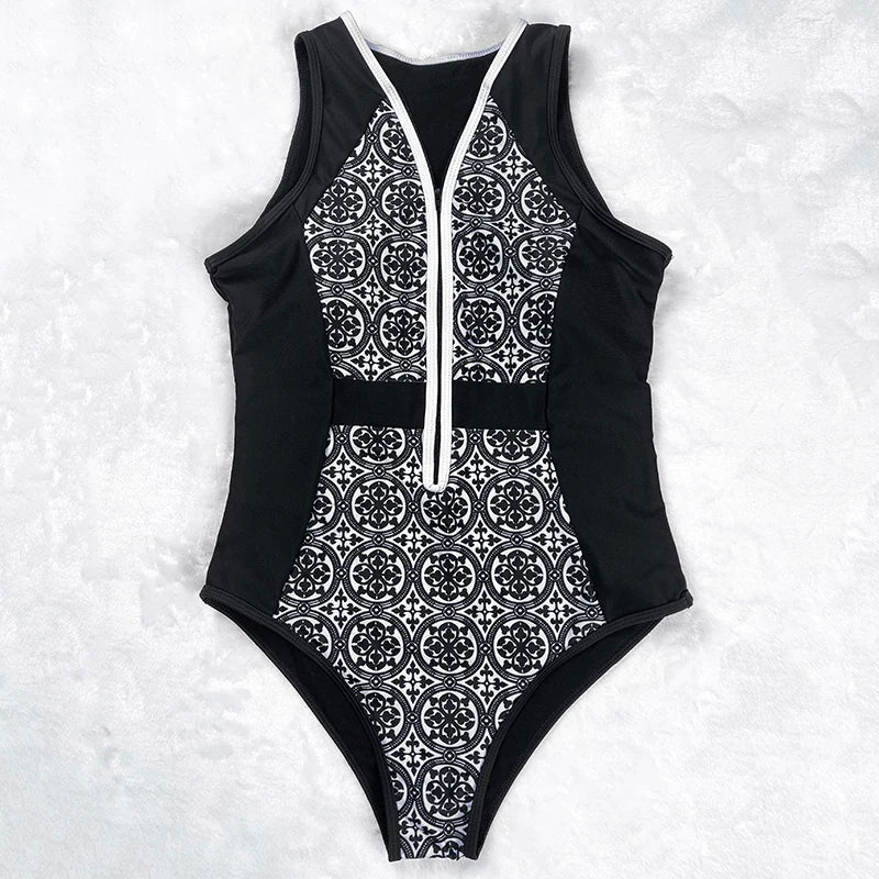 Vintage One Piece Swimsuit Retro Zipper Swimwear Bathing Suits Women Hot Plus Size XL Bodysuit Monokini Beachwear