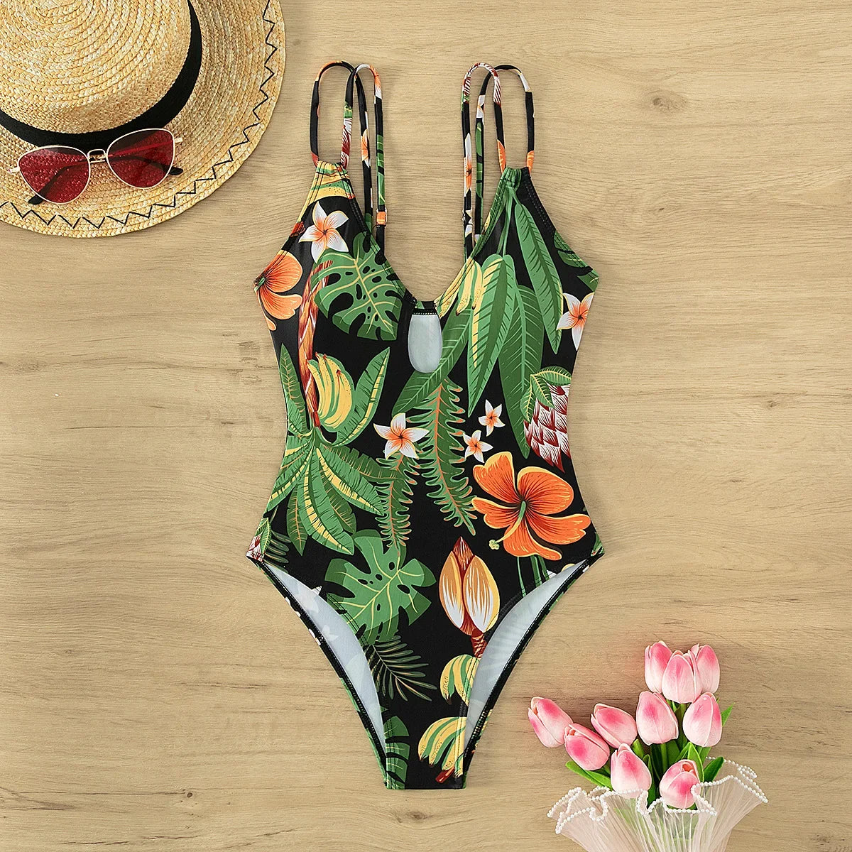 Push Up Hollow Out Swimwear Women Floral Print Padded Thong One Piece Swimsuit Beach Wear Bathing Suit Bodysuit Monokini
