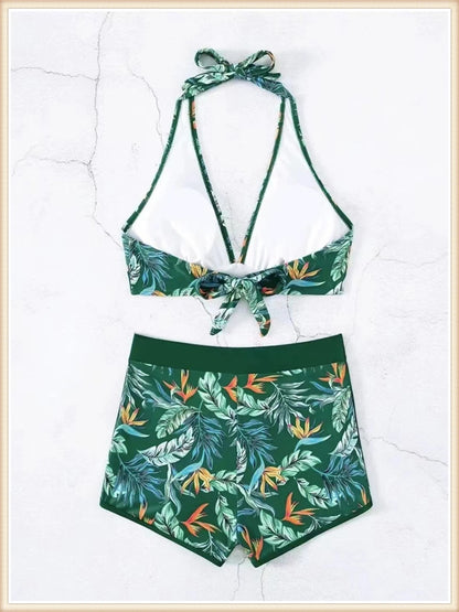 Halter Bikini Women High Waist Swimwear Female Swimsuit Leaf Printed Beachwear Bathing Swimming Suit Summer Beachwear