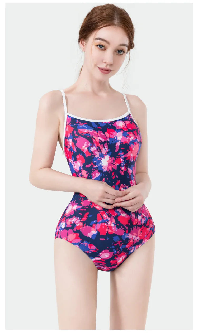 Women Vintage Racing One-piece Swimwear Sun Protection Professional Competition Flower Printed Swimsuit Training Bikini