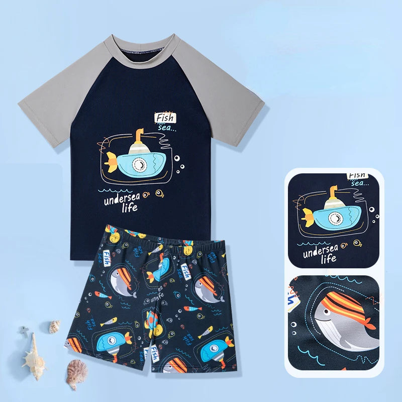Printed Astronaut Swimsuit for Boys, Small Spaceship, Teenage Children's Two Piece Swim Suit, Student Training Swimwear, 2-14Y