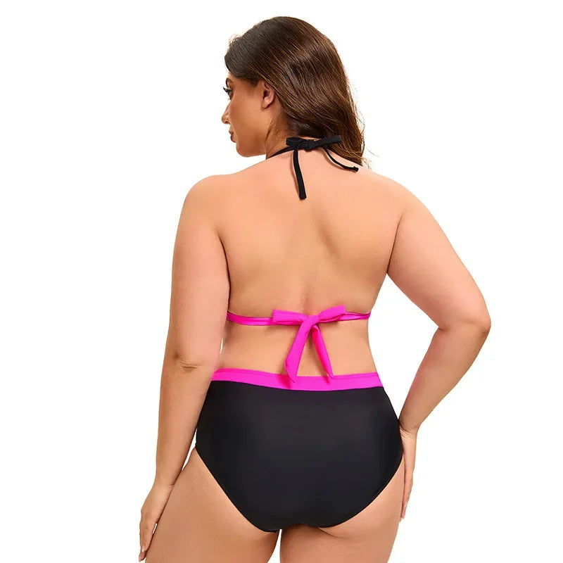 Plus Size Bikini Swimsuit Low Waist Bikini Set Backless Women's Swimsuit Block Color Two-Pieces Swimwear Summer Beach Bathing Suit
