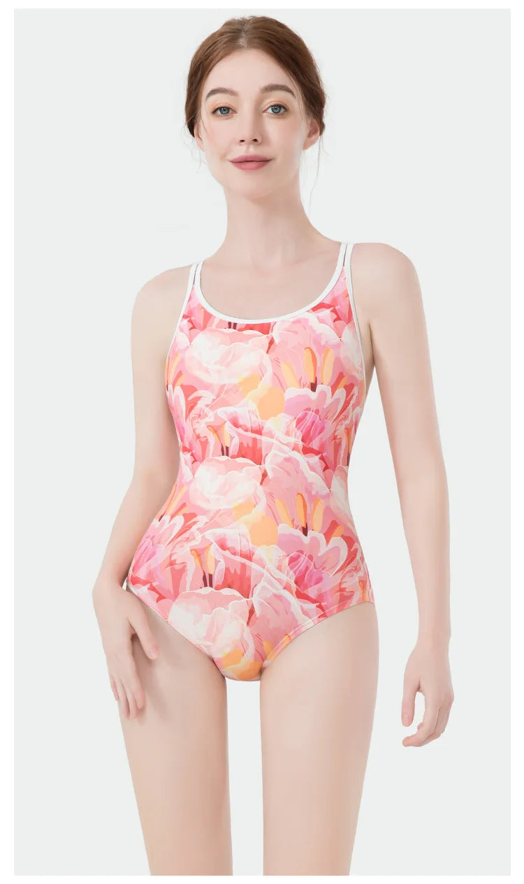 Women Flower Printed One-piece Racing Competition Swimsuit Fashion Sun Protection High Stretch Training Professional Swimwear