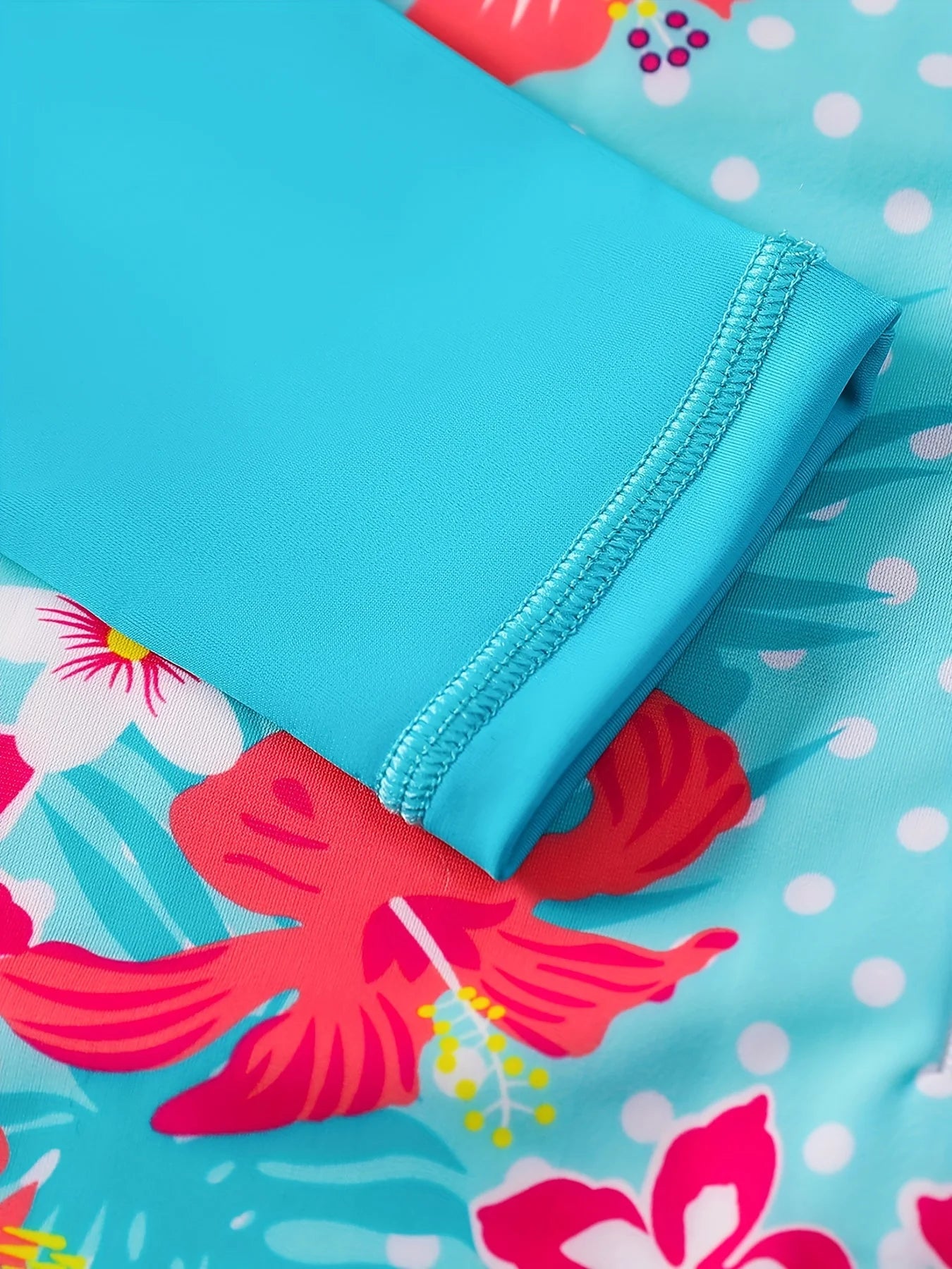 Blue Swimwear Kids Girl Long Sleeve Swimming Suit Tropical Plants Floral Print Swimsuit Bikini-Cut Bottom Hot Summer Beach Water