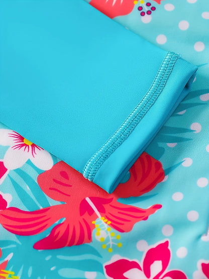 Blue Swimwear Kids Girl Long Sleeve Swimming Suit Tropical Plants Floral Print Swimsuit Bikini-Cut Bottom Hot Summer Beach Water