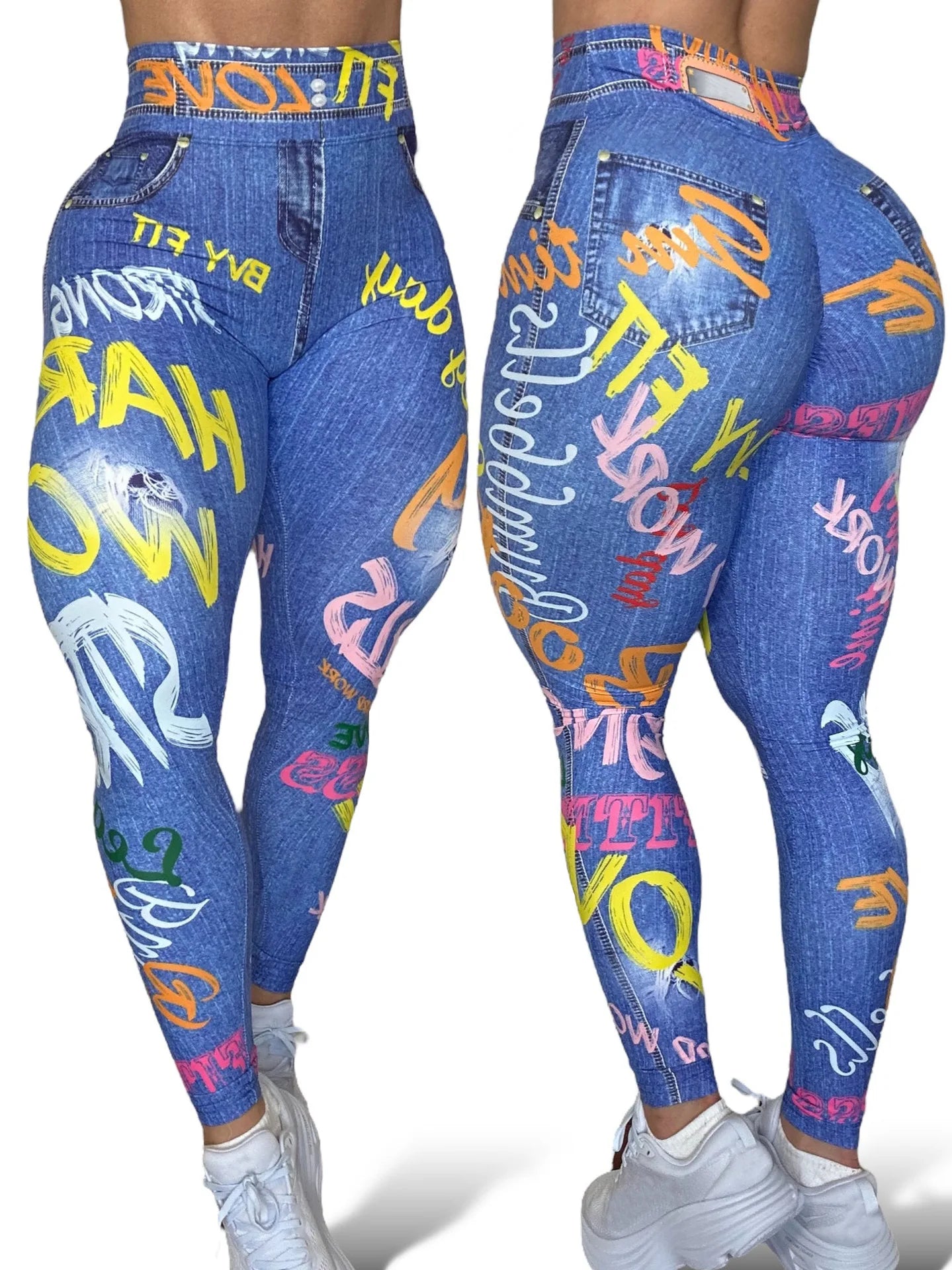 Women Semales Slim Legging Imitation Denim Printed High Waist Yoga Pants