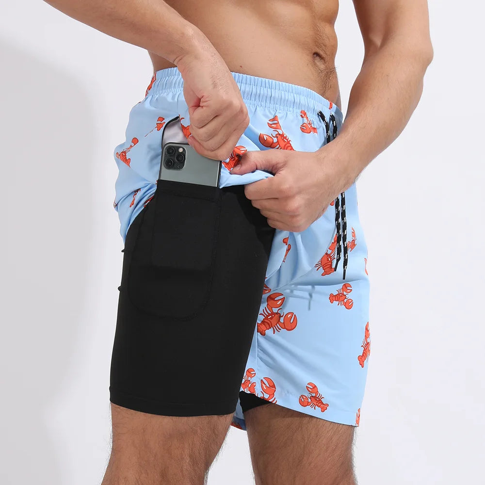 Men Swimwear Summer Gym Beach Shorts Male Quick Dry Sport Swimming Shorts Trunks Sexy Swimsuit 2 In 1 Man Board Shorts Beachwear