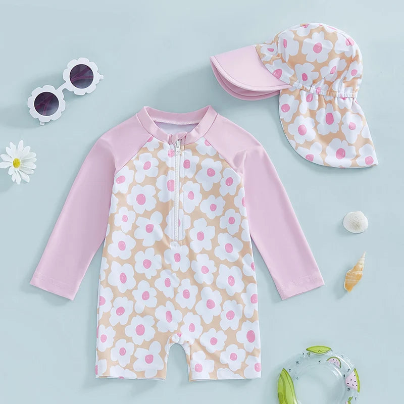 Toddler Girl Long Sleeve Swimsuit Floral Flamingo Print Half Zipper Non-Pilling Rash Guard Swimwear Sunhat Set