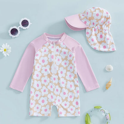 Toddler Girl Long Sleeve Swimsuit Floral Flamingo Print Half Zipper Non-Pilling Rash Guard Swimwear Sunhat Set
